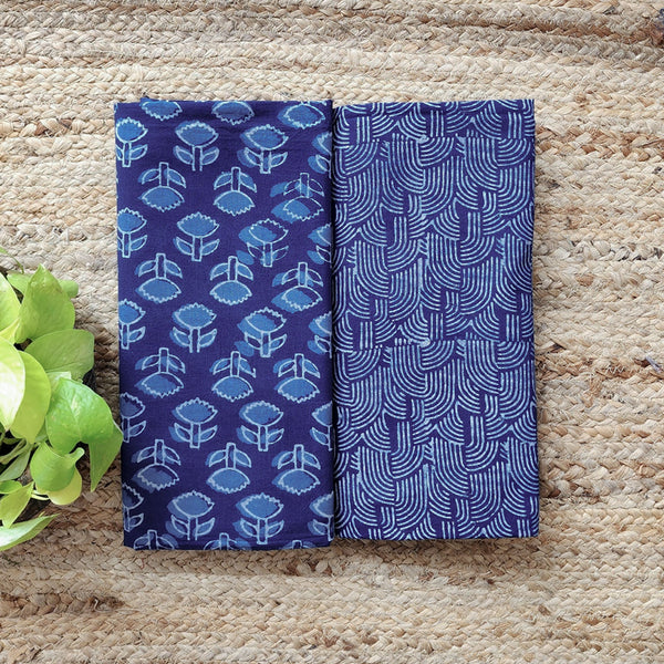 Top Bottom Combo Pure Cotton Akola Indigo Flower Motif Hand Block Print Fabric(2.5 Meters Each)