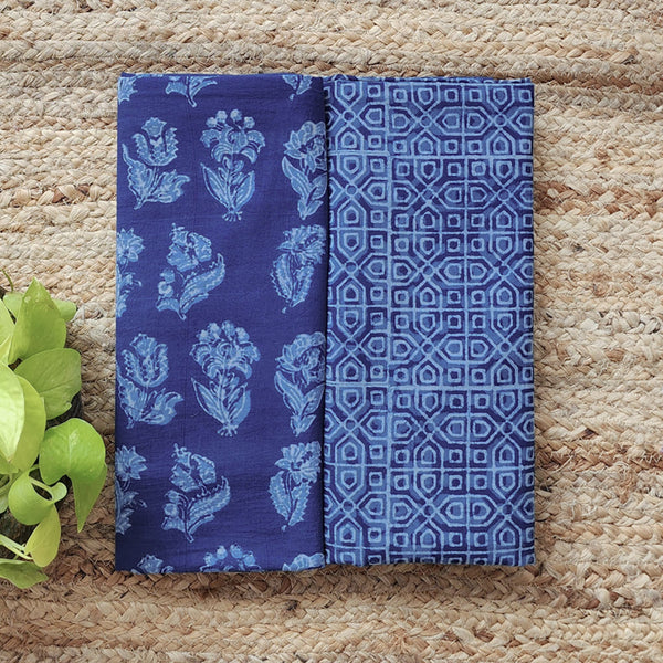 Top Bottom Combo Pure Cotton Akola Indigo Jungle Flower Motif Hand Block Print Fabric(2.5 Meters Each)