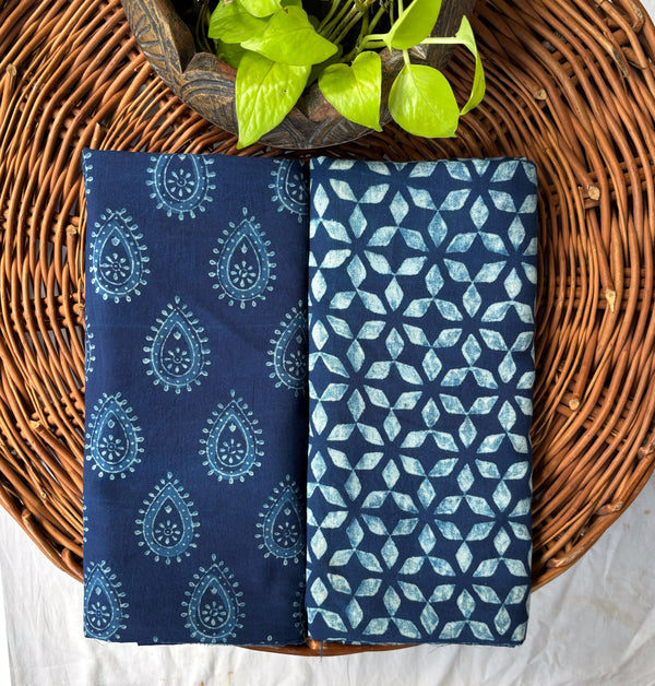 Top Bottom Combo Pure Cotton Akola Indigo Leaves Motif And Big Triangle Design Bottom Fabric (2.5 Meters Each)