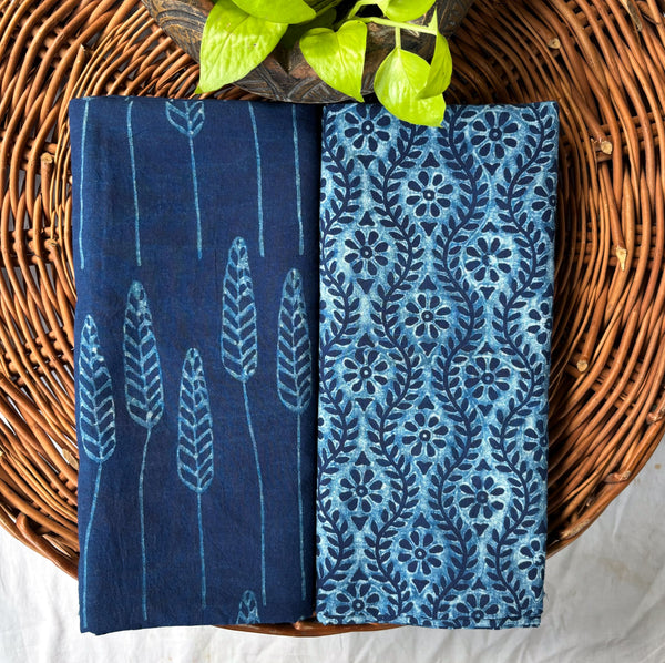 Top Bottom Combo Pure Cotton Akola Indigo Leaves Motif Top Fabric Flower Creeper Bottom Fabric (2.5 Meters Each)