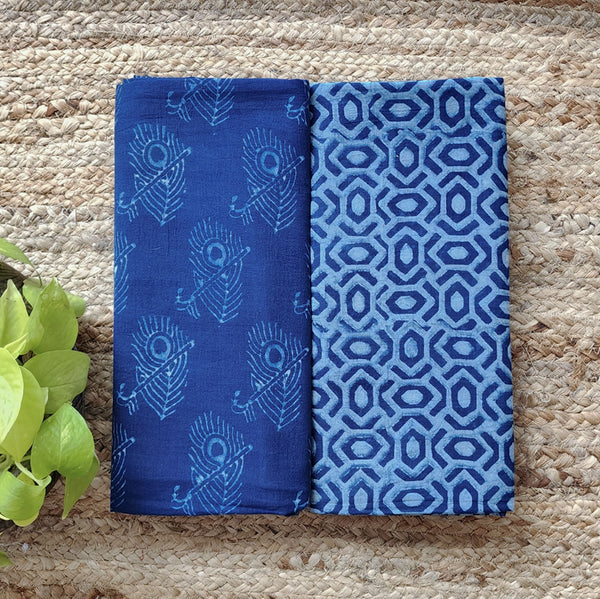 Top Bottom Combo Pure Cotton Akola Indigo Peacock Feather Hand Block Print Fabric(2.5 Meters Each)