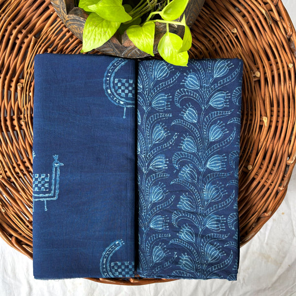 Top Bottom Combo Pure Cotton Akola Indigo Peacock Motif Top Fabric And Heart Flower Jaal Bottom Fabric (2.5 Meters Each)