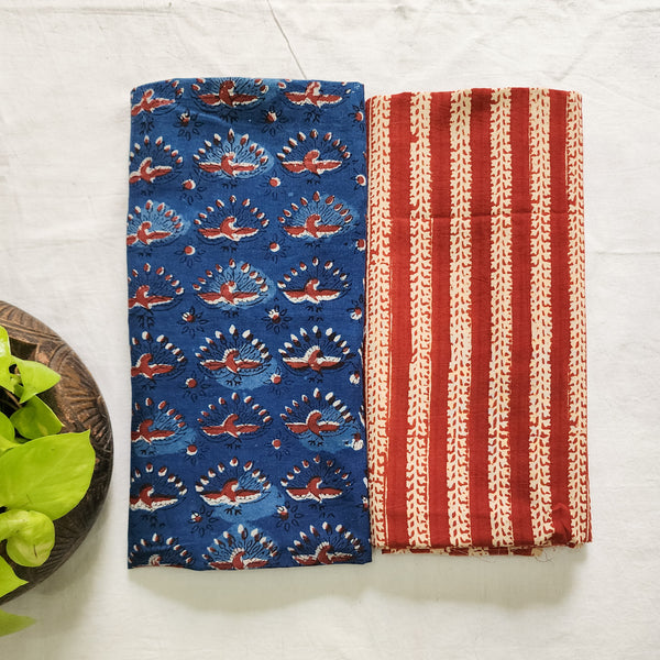 Top Bottom Combo Pure Cotton Bagru Blue With Red Peacock Motif Top Fabric And Red With Cream Stripes Border Bottom Fabric (2.5 Meters Each)