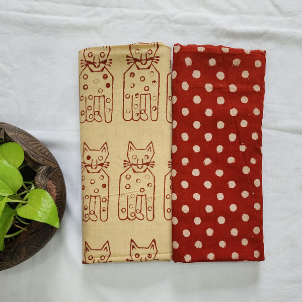 Top Bottom Combo Pure Cotton Bagru Cream With Red Cat Design Top And Rust Red With Cream Polka Dots Bottom Fabric  (2.5 Meters Each