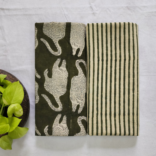 Top Bottom Combo Pure Cotton Bagru Green With Cream Tiger Design Top Fabric And Cream With Green Stripes Bottom Fabric  (2.5 Meters Each)