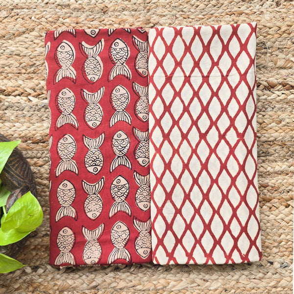 Top Bottom Combo Pure Cotton Bagru Red With Fish Motif Top Fabric And Cream With Red Jaal Bottom Fabric (2.5 Meters Each)