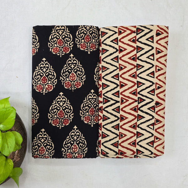 Top Bottom Combo Pure Cotton Black And Cream Ajrak Leaves Motifs Fabric With Cream Ajrak Cream And Black Zig-Zag Bottom Fabric (2.5 Meters Each)