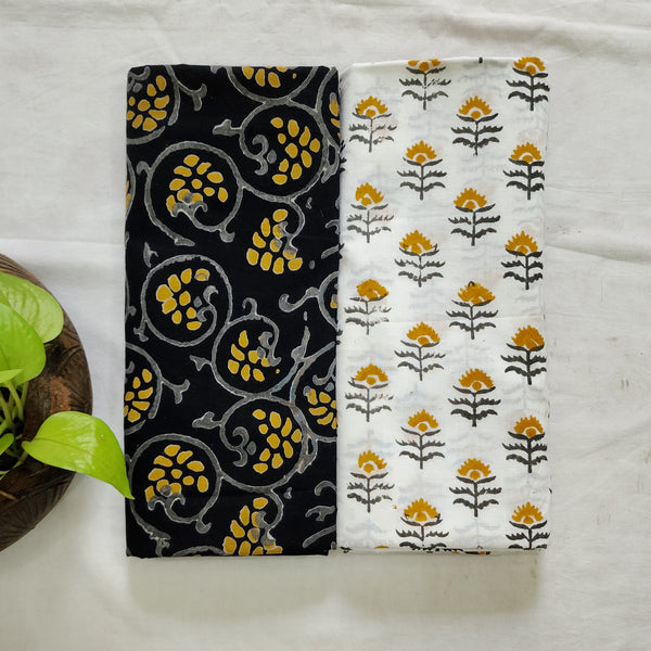 Top Bottom Combo Pure Cotton Black And Yellow And Grey Flower Jaal Top Fabric And White And Yellow Flower Motif Bottom Fabric (2.5 Meters Each)