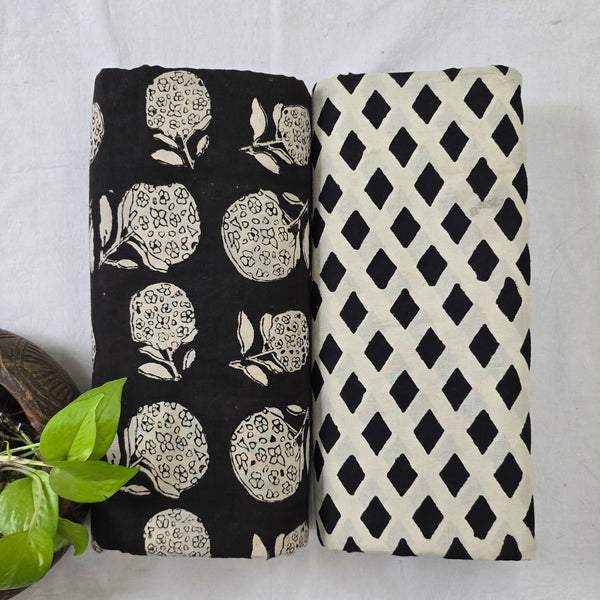 Top Bottom Combo Pure Cotton Black Bagru With Pure Cotton Diamond Bagru Fabric (2.5 Meters Each)