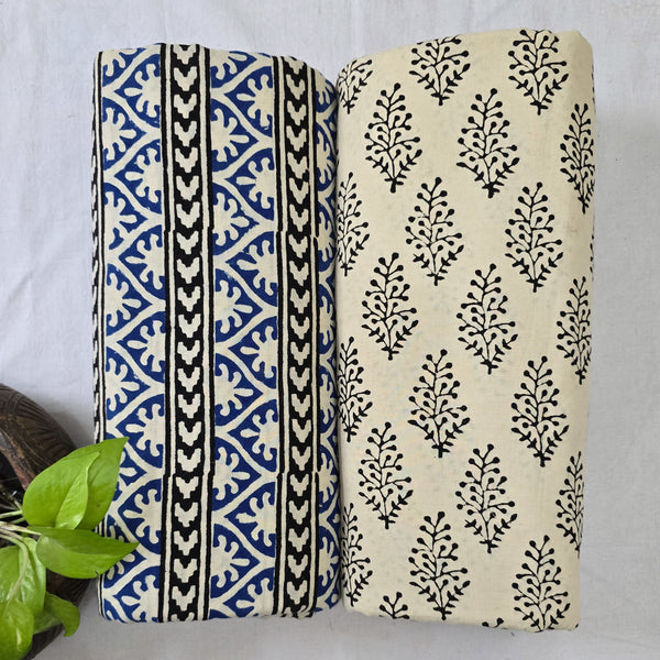 Top Bottom Combo Pure Cotton Black Blue Border Bagru With Pure Cotton Simple Plant Bagru Fabric (2.5 Meters Each)