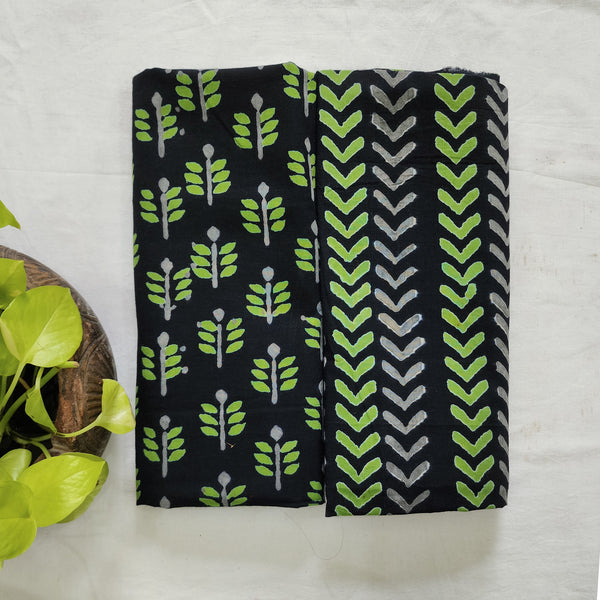 Top Bottom Combo Pure Cotton Black With Green Flower Motif Top Fabric And Black With Grey And Green Arrow Design Bottom Fabric  (2.5 Meters Each)