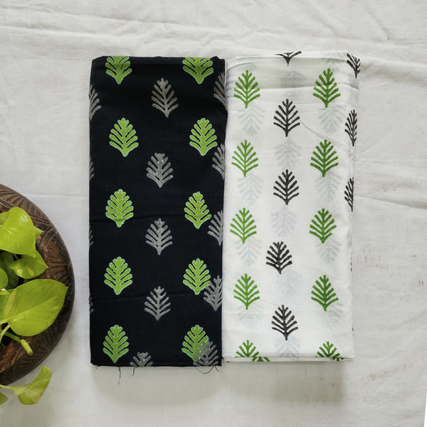 Top Bottom Combo Pure Cotton Black With Green Flower Motif Top Fabric And White And Green Bottom Fabric (2.5 Meters Each)