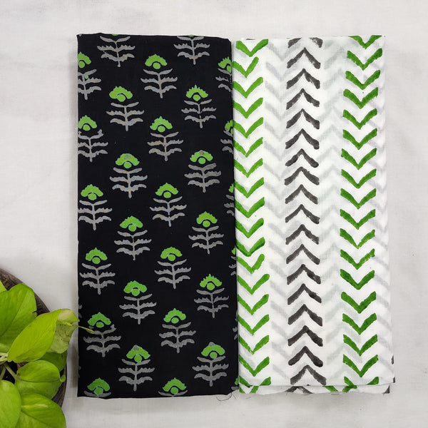 Top Bottom Combo Pure Cotton Black With Green Flower Motif Top Fabric And White And Grey And Green Arrow Bottom Fabric(2.5 Meters Each)