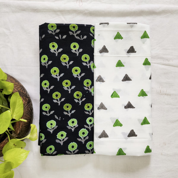 Top Bottom Combo Pure Cotton Black With Green Flower Motif Top Fabric And White With Grey And Green Triangle Bottom Fabric (2.5 Meters Each)