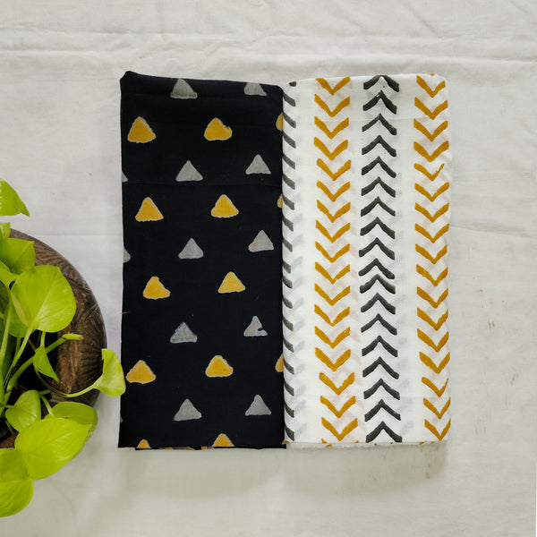 Top Bottom Combo Pure Cotton Black With Grey And Yellow Triangle Top Fabric And White With Grey And Yellow Arrow Bottom Fabric(2.5 Meters Each)