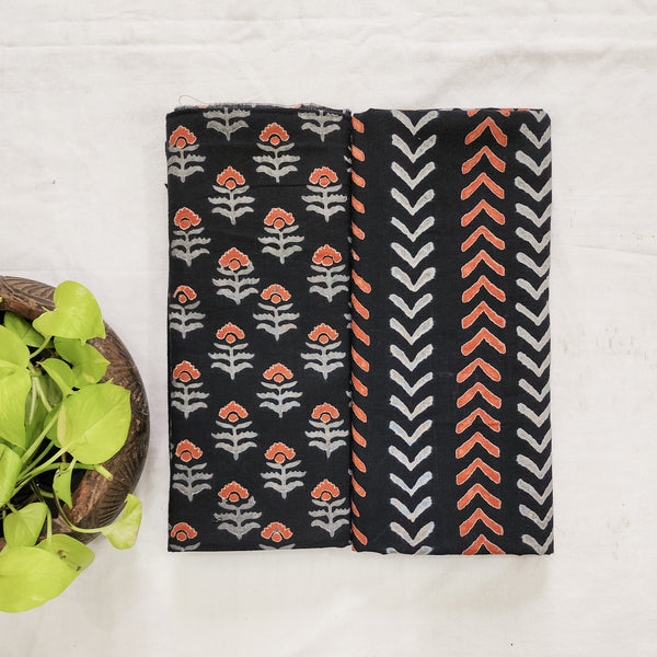 Top Bottom Combo Pure Cotton Black With Orange Flower Motif Top Fabric And Black With Orange And Grey Arrow Design Bottom Fabric (2.5 Meters Each)