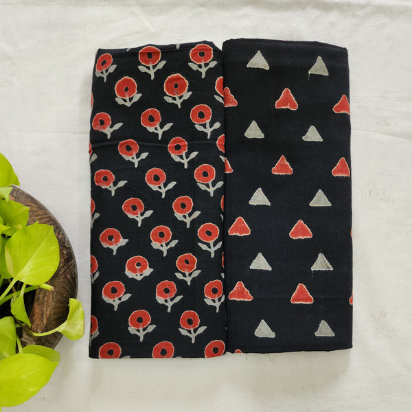 Top Bottom Combo Pure Cotton Black With Red Flower Motif Top Fabric And Black With Red Triangle Bottom Fabric (2.5 Meters Each)