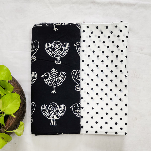 Top Bottom Combo Pure Cotton Black With  White Birds Top Fabric And White With Black Small Polka Dots Bottom Fabric  (2.5 Meters Each)