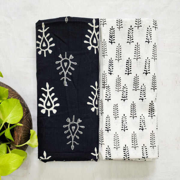 Top Bottom Combo Pure Cotton Black With White Flower Design Top Fabric And White With Black Grass Design Bottom Fabric (2.5 Meters Each)