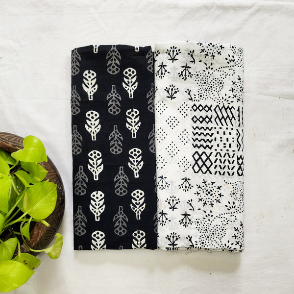 Top Bottom Combo Pure Cotton Black With  White Flower Motif Top Fabric And White With Black Bottom Fabric (2.5 Meters Each)