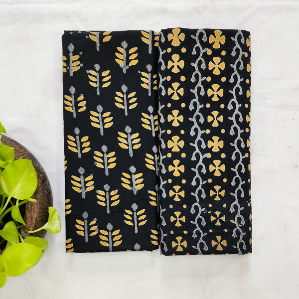 Top Bottom Combo Pure Cotton Black With Yellow Flower Motif Top Fabric And Black And Yellow Bottom Fabric (2.5 Meters Each)