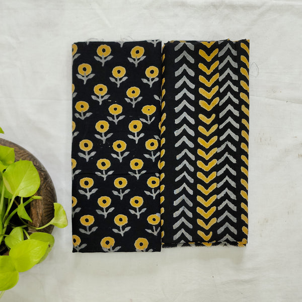 Top Bottom Combo Pure Cotton Black With Yellow Flower Motif Top Fabric And Grey With Yellow Arrow Bottom Fabric (2.5 Meters Each)