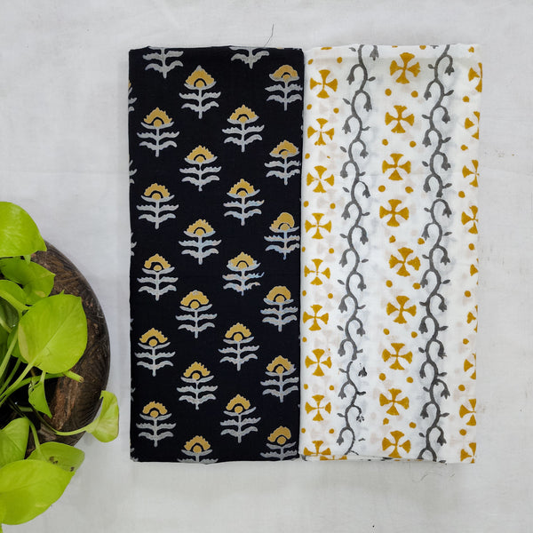 Top Bottom Combo Pure Cotton Black With Yellow Flower Motif  Top Fabric And White And Black And Yellow Bottom Fabric(2.5 Meters Each)