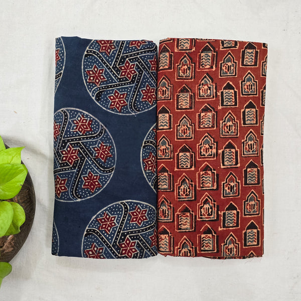 Top Bottom Combo Pure Cotton Blue Ajrak Big Circle With Intricate Design  Fabric With Red Ajrak Small Windows Bottom Fabric (2.5 Meters Each)