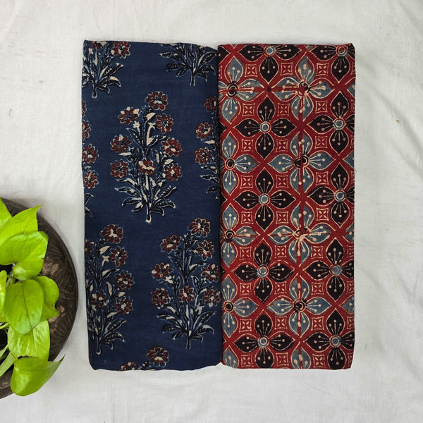 Top Bottom Combo Pure Cotton Blue Ajrak Big Flower Plant  Motifs Fabric With  Ajrak Red And Blue Star Bottom Fabric (2.5 Meters Each)