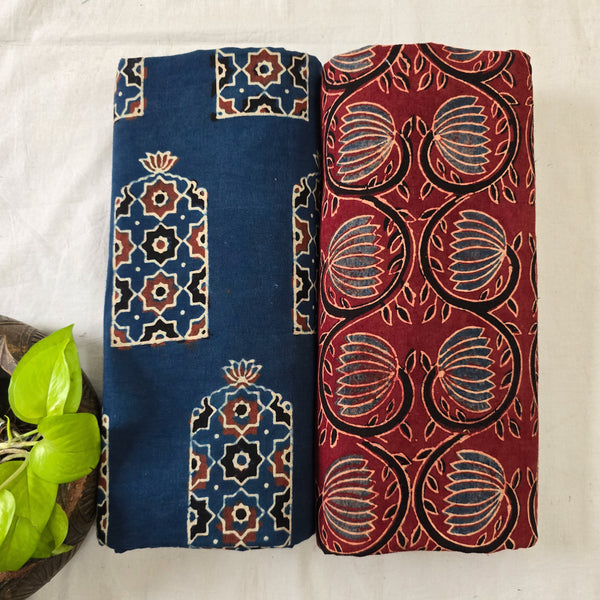 Top Bottom Combo Pure Cotton Blue Ajrak Window Fabric With Ajrak Madder Jaal Bottom Fabric (2.5 Meters Each)