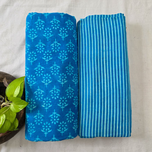 Top Bottom Combo Pure Cotton Blue Floral Motifs With Simple Stripes Bottom Fabric (2.5 Meters Each)