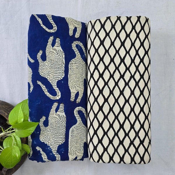 Top Bottom Combo Pure Cotton Blue Tiger With Pure Cotton Simple Geometric Bagru Fabric (2.5 Meters Each)