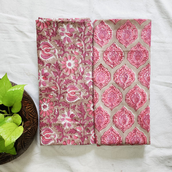 Top Bottom Combo Pure Cotton Chicku Brown With Light Pink Flower Jaal Fabric Chicku Brown With Pink Intricate Design Leaves Motif  Jaipuri  Bottom Fabric (2.5 Meters Each