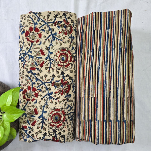 Top Bottom Combo Pure Cotton Cream Floral Fabric With Kalamkari Stripes Bottom Fabric (2.5 Meters Each)