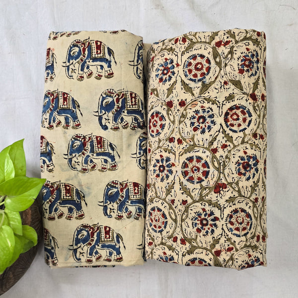 Top Bottom Combo Pure Cotton Cream Kalamkari Elephant Fabric With Floral Jaal Kalamkari Bottom Fabric (2.5 Meters Each)