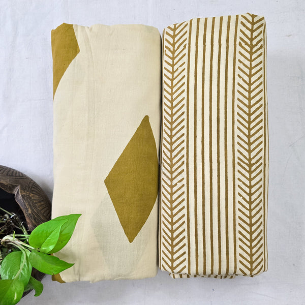 Top Bottom Combo Pure Cotton Cream With Mustard Big Diamond Bagru With Pure Cotton Simple Geometric Bagru Fabric (2.5 Meters Each)