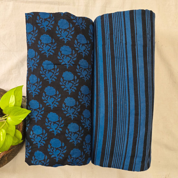 Top Bottom Combo Pure Cotton Dabu Black With Blue Motifs Top Fabric With Stripes Bottom Fabric (2.5 Meters Each)