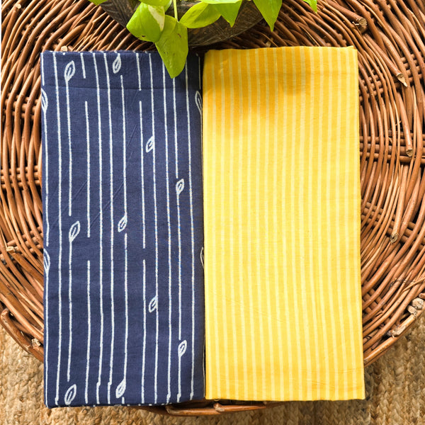 Top Bottom Combo Pure Cotton Dabu Blue With White Bombo Top And Yellow With White Stripes Bottom Fabric (2.5 Meters Each)