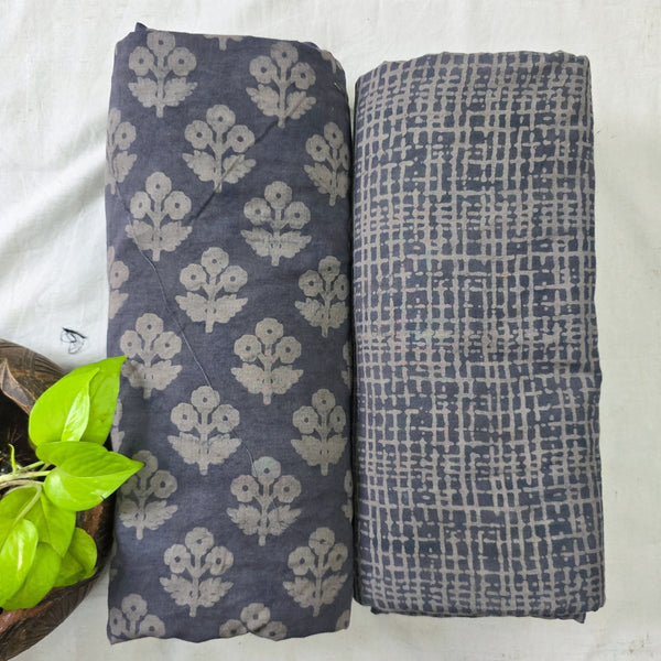 Top Bottom Combo Pure Cotton Dabu Chocolate Grey With Flowers Fabric With Textured Checks Bottom Fabric (2.5 Meters Each)