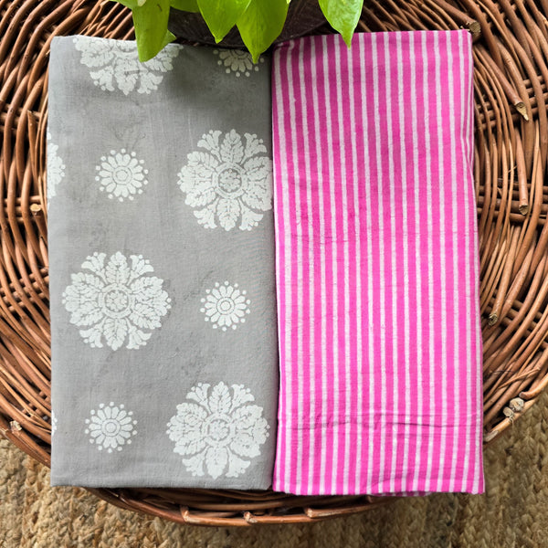 Top Bottom Combo Pure Cotton Dabu Grey With White Flower Motif Top And Pink With White Stripes Bottom Fabric (2.5 Meters Each)