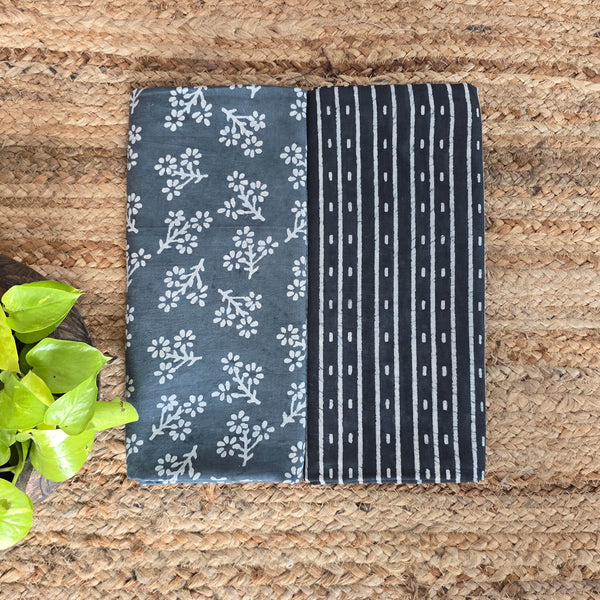 Top Bottom Combo Pure Cotton Dabu Grey With White Flower Plant Top Fabric And Dabu Grey With White Stripes Bottom Fabric (2.5 Meters Each)