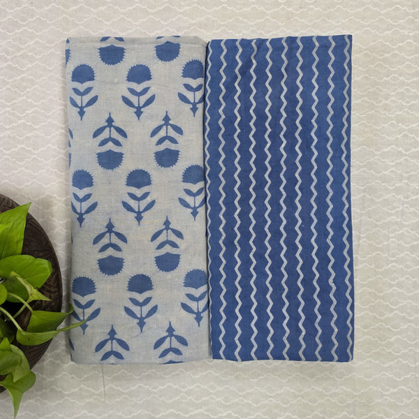 Top Bottom Combo Pure Cotton Dabu Ink Blue Top And Bottom Fabric (2.5 Meters Each)