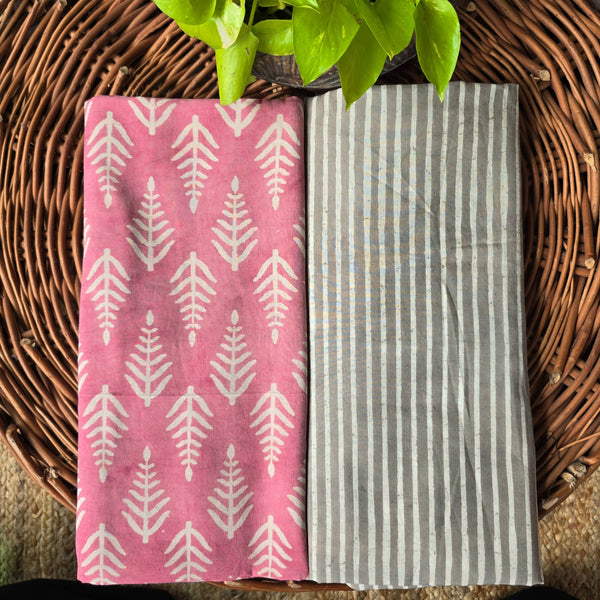 Top Bottom Combo Pure Cotton Dabu Light Pink With White Flower Motif Top And Grey With White Stripes Bottom Fabric (2.5 Meters Each)