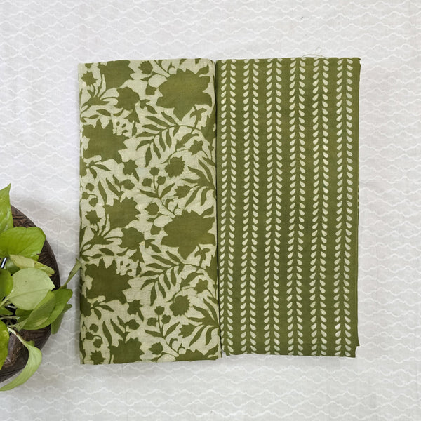 Top Bottom Combo Pure Cotton Dabu Mahindi Green Top And Bottom Fabric (2.5 Meters Each)