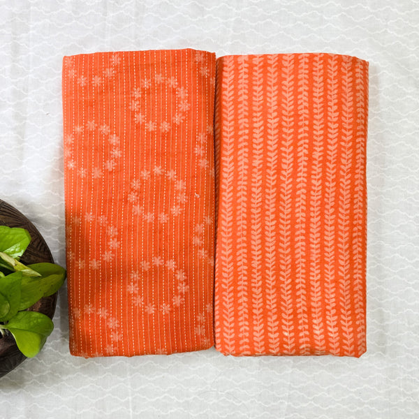 Top Bottom Combo Pure Cotton Dabu Orange Kaatha Top And Stripes Bottom Fabric (2.5 Meters Each)