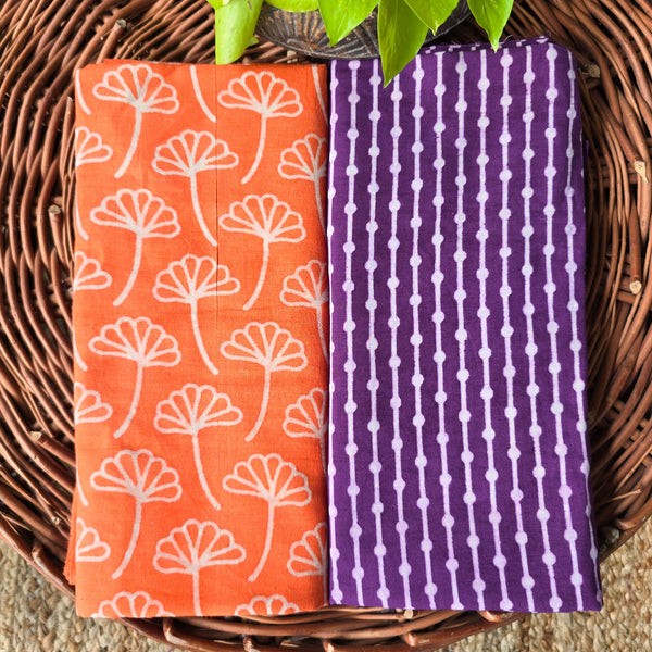 Top Bottom Combo Pure Cotton Dabu Orange With White Flower Motif Top And Purple With White Stripes Design Bottom Fabric (2.5 Meters Each)