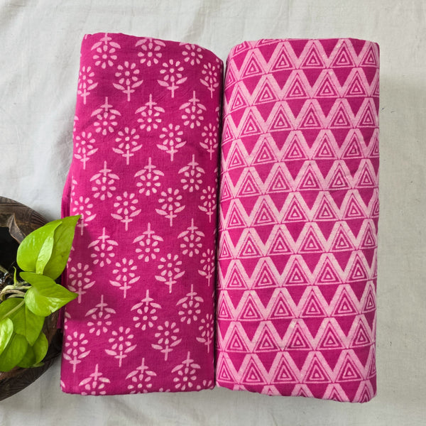 Top Bottom Combo Pure Cotton Dabu Pink Floral Motifs With Geometric Triangles Bottom Fabric (2.5 Meters Each)