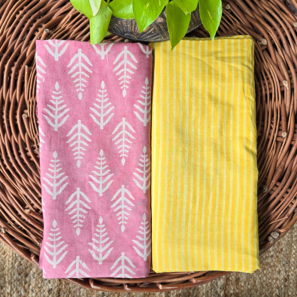 Top Bottom Combo Pure Cotton Dabu Pink With White Flower Motif Top And Yellow With White Stripes Bottom Fabric (2.5 Meters Each)