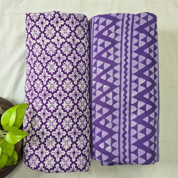 Top Bottom Combo Pure Cotton Dabu Purple All Over Pattern With ZigZag Border Stripes Bottom Fabric (2.5 Meters Each)