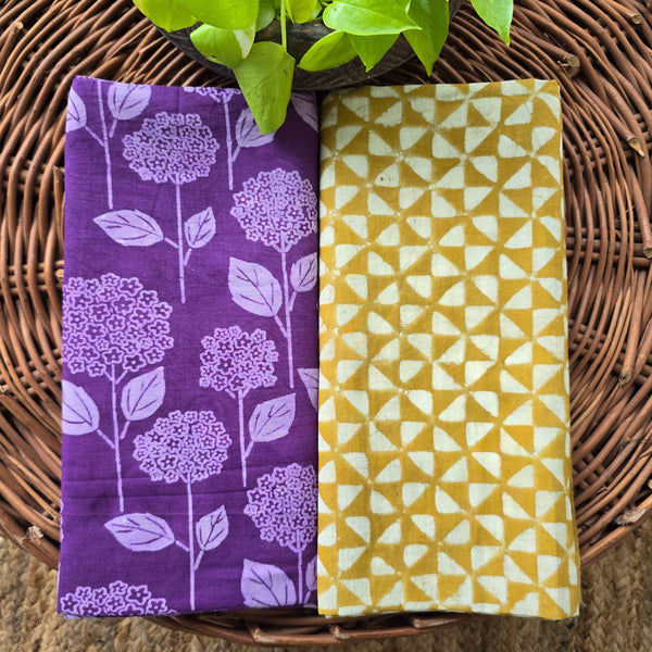 Top Bottom Combo Pure Cotton Dabu Purple With White Flower Motif Top And Mustard With White Triangle Bottom Fabric (2.5 Meters Each)